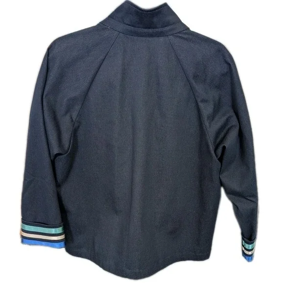St John Marie Gray jacket S 3/4 Sleeve Full Zip Navy Blue Striped Trim Pockets